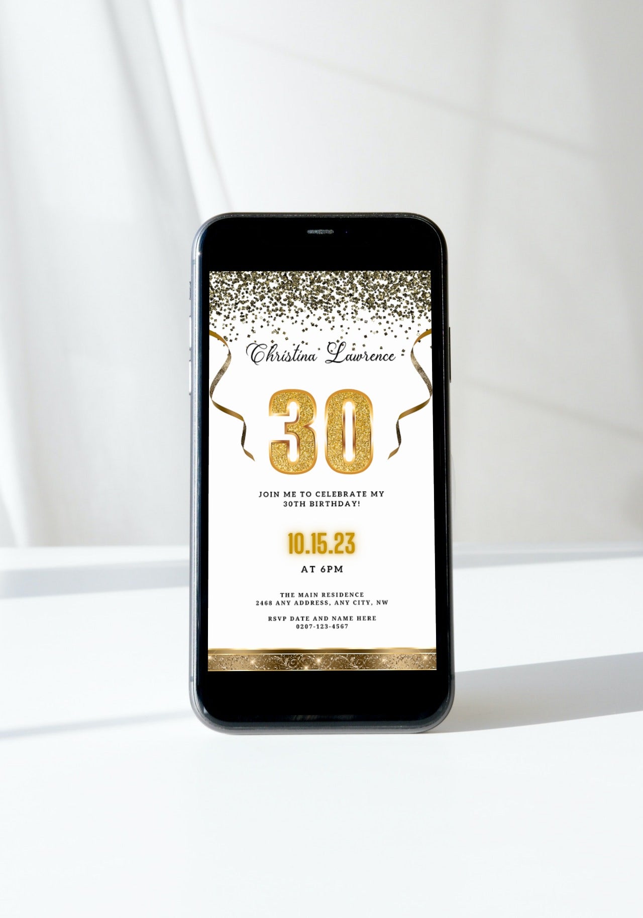 Cell phone displaying customizable White Gold Confetti 30th Birthday Evite template for editing via Canva.