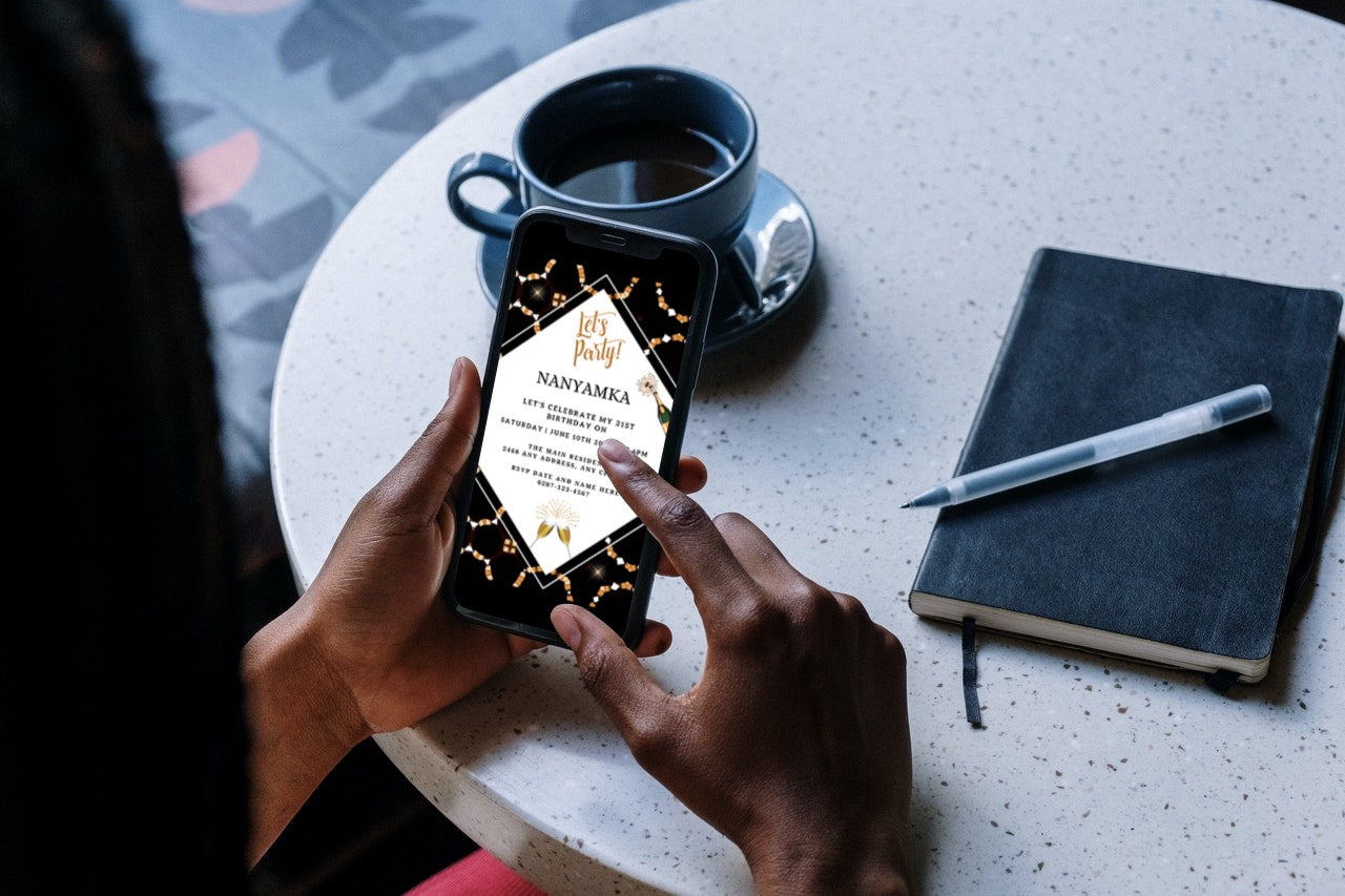 Person holding a phone, displaying the White Beige Gold African Ankara Editable Party Evite from URCordiallyInvited, ready for customization and electronic sharing.