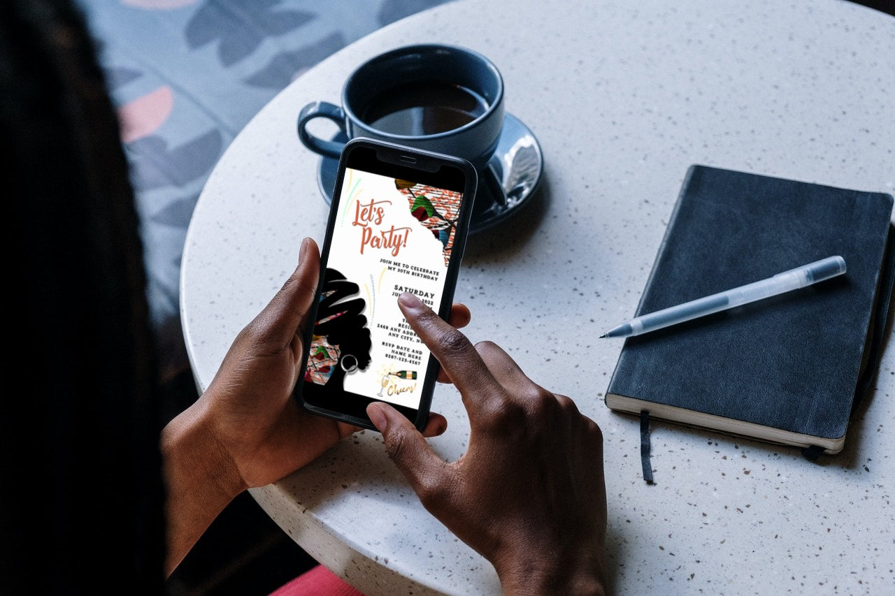 Person holding phone with editable digital invitation template for party evite displayed on screen.