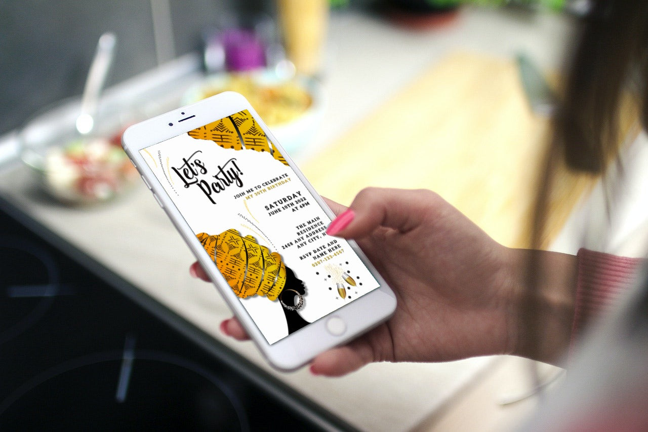 Hand holding a smartphone displaying a customizable White Yellow Ankara African Woman Silhouette | Editable Party Evite invitation template.