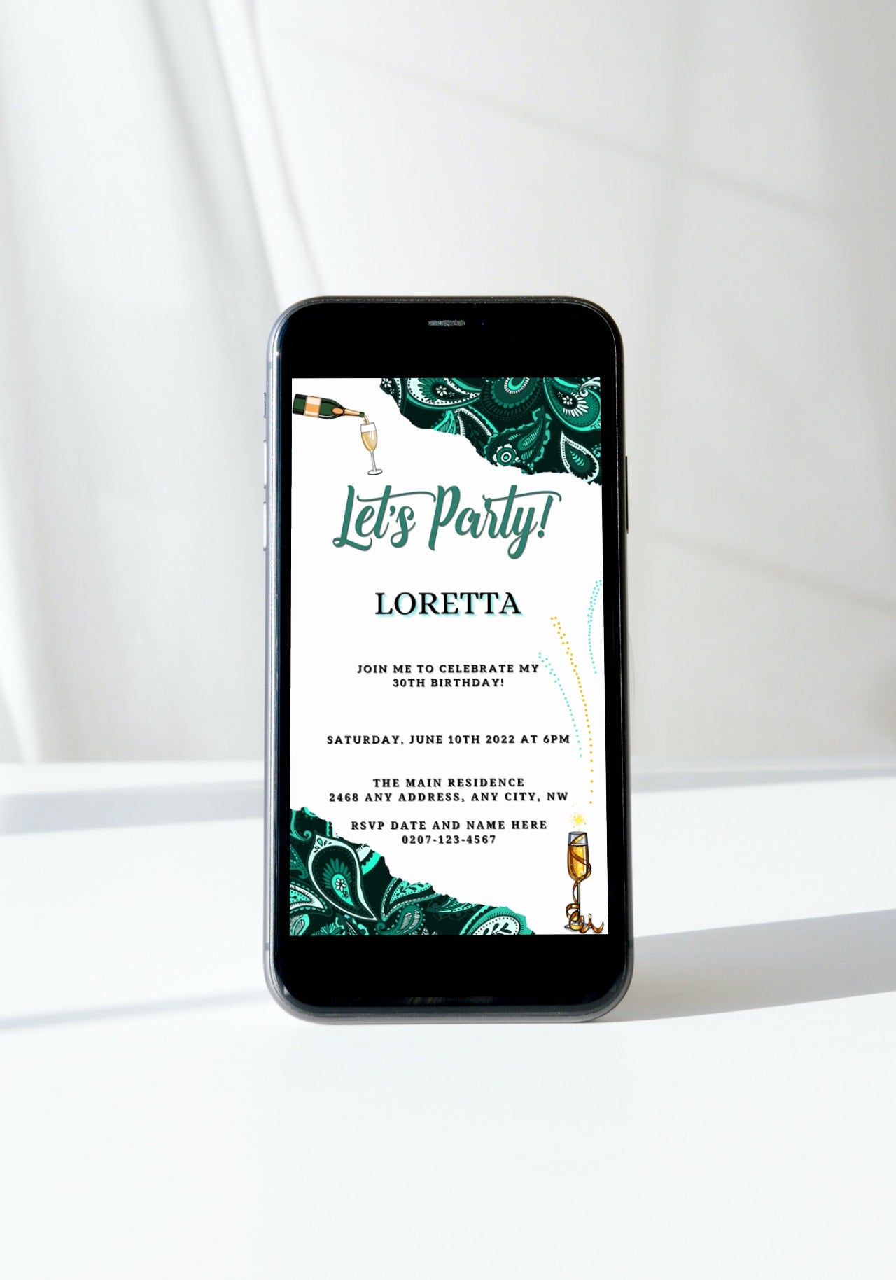 African Ankara White Teal | Customisable Party Evite displayed on a smartphone screen, showcasing an editable digital invitation template for events.