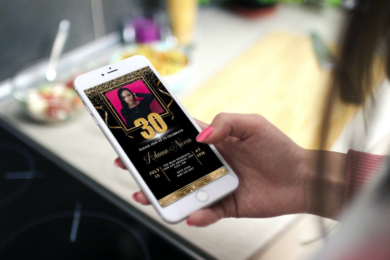Hand holding a phone displaying a customizable Digital Black Gold Confetti 30th Birthday Evite for editing and sending via mobile devices.
