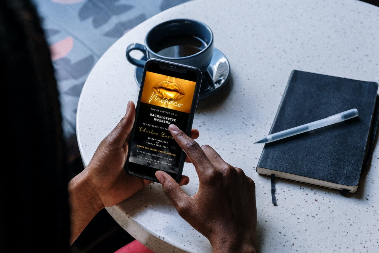 Person holding a phone displaying the customisable Smoking Gold Hot Lips Neon Bachelorette Weekend Party Evite, editable via Canva for easy digital sharing.