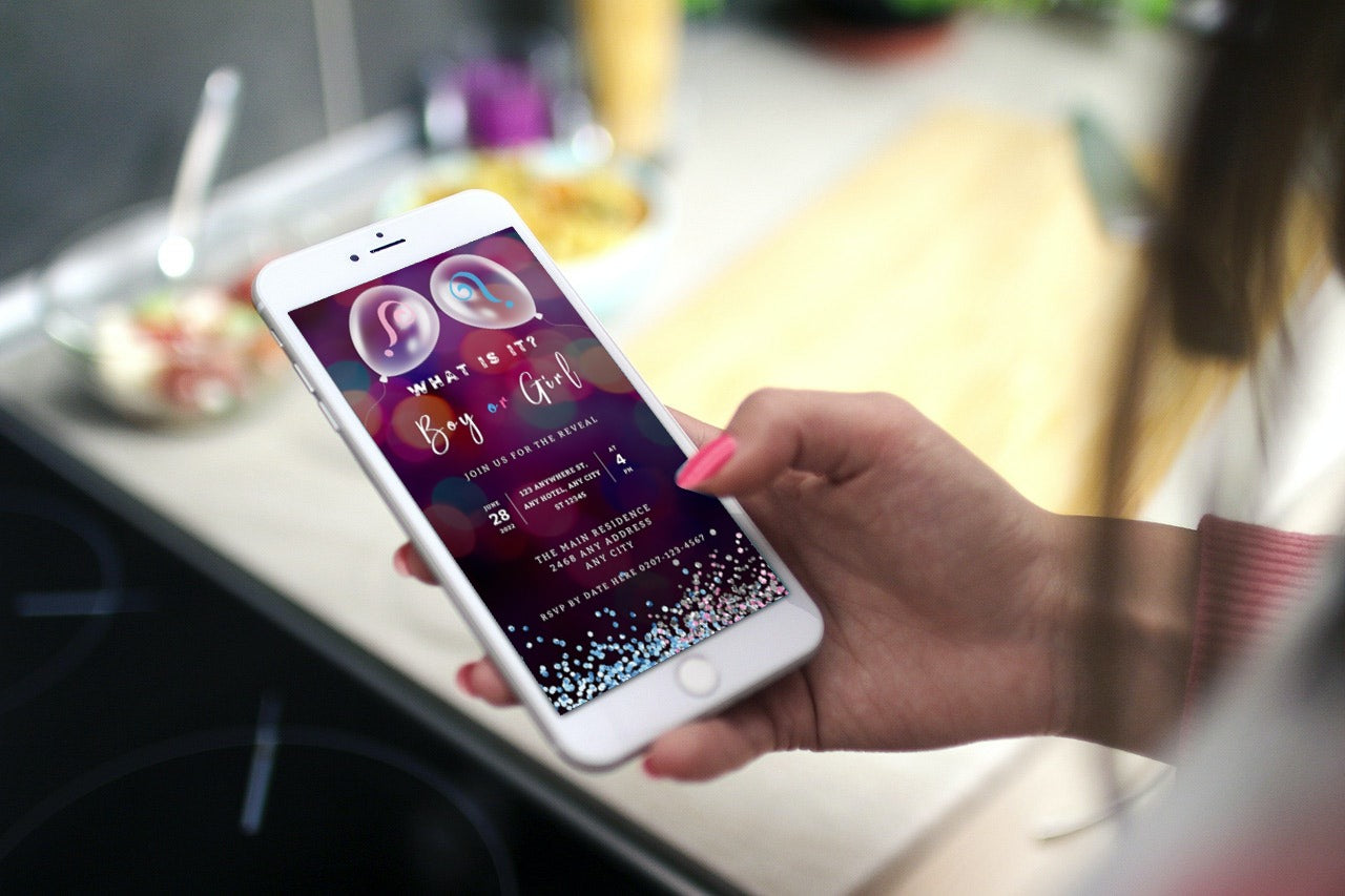 Hand holding a smartphone displaying the Balloon Pink Blue Bokeh | Gender Reveal Evite, a customizable digital invitation template available for download and personalization.