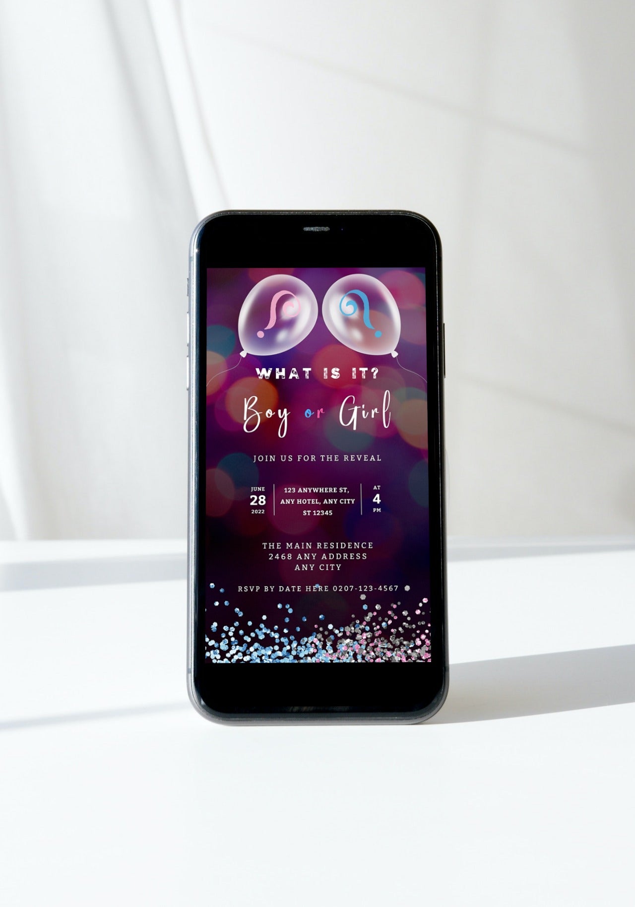 Balloon Pink Blue Bokeh Gender Reveal Evite displayed on a smartphone screen, showcasing customizable elements for personalizing digital invitations via Canva.