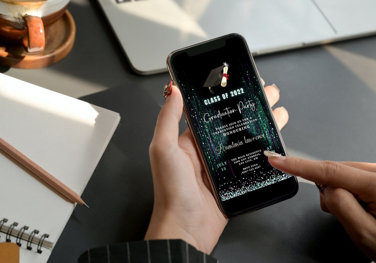 Person holding a smartphone displaying a customizable Green Purple Glitter Graduation Video Invitation template from URCordiallyInvited.