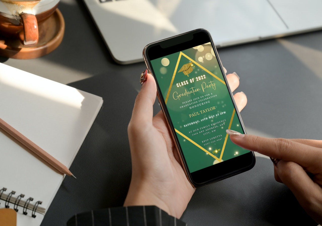 Person holding a phone displaying a customizable Green Gold Glitter Graduation Video Invitation template from URCordiallyInvited.