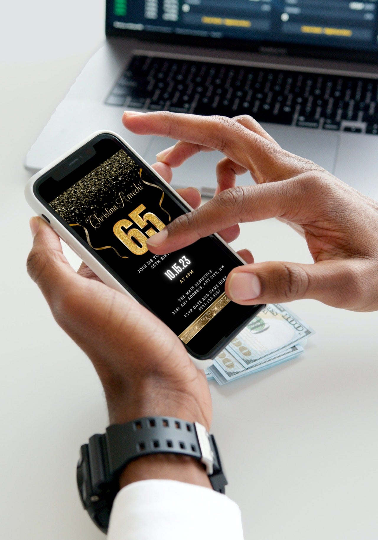 Person holding a smartphone displaying the customizable Black Gold Confetti 65th Birthday Evite, ready to edit and send digitally via Canva.