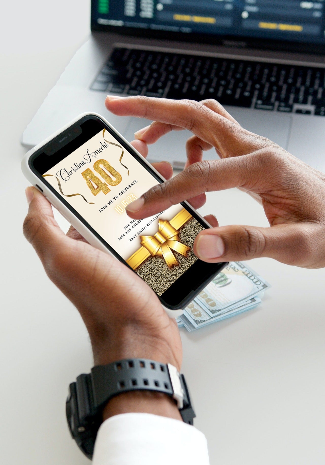 Person holding smartphone displaying customizable Beige Gold Leopard 40th Birthday Evite template, ready for editing and sending via text, email, or messenger apps.