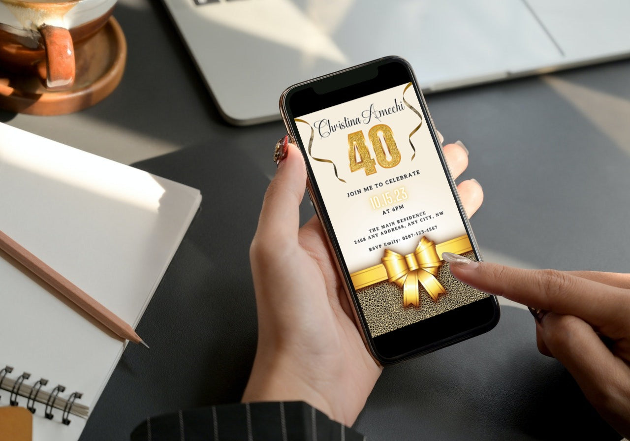Person holding a smartphone displaying a customizable Beige Gold Leopard 40th Birthday Evite, ready for personalization via the Canva app.