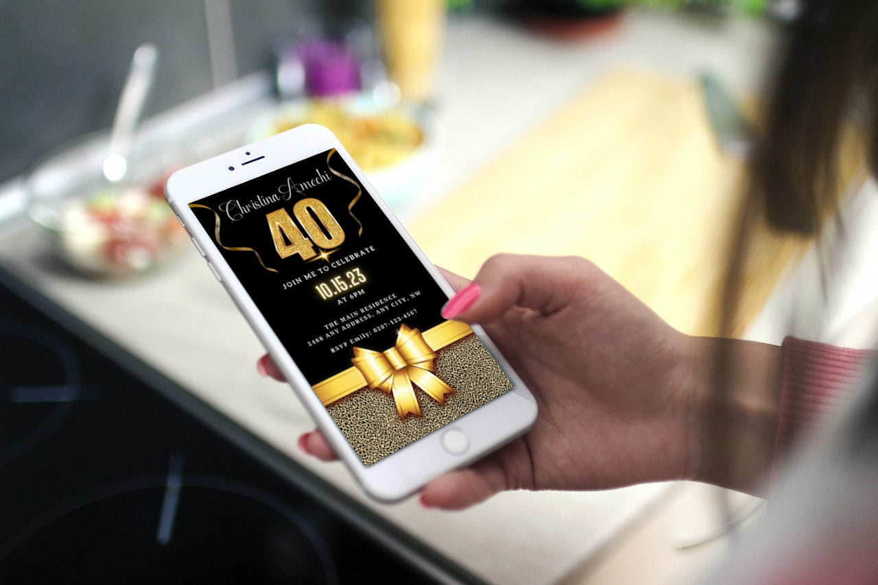 Hand holding a smartphone displaying a customizable Black Gold Leopard 40th Birthday Evite from URCordiallyInvited, editable via Canva.