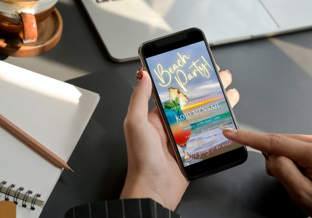 Person holding a smartphone displaying a customizable Beach Ocean Sound | Party Video Invitation for an upcoming event.