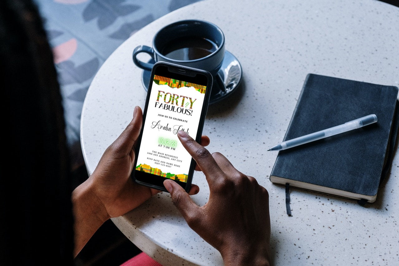Person holding a phone displaying the Green Yellow Kente White | 40 & Fabulous Party Evite, ready for customization using Canva.