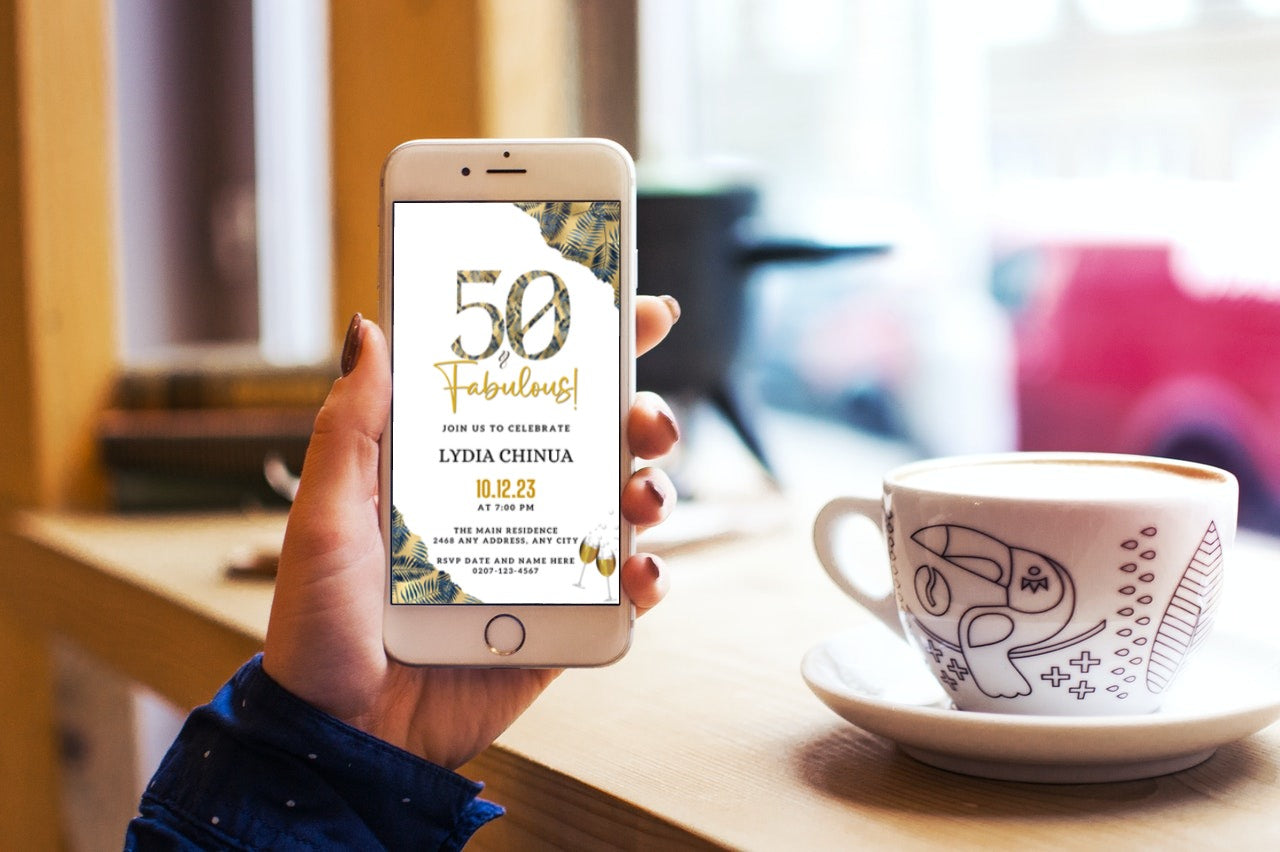 Hand holding a smartphone displaying a customizable digital invitation template, titled Gold Blue Tropical | 50 & Fabulous Party Evite, ready for personalization and electronic sharing.