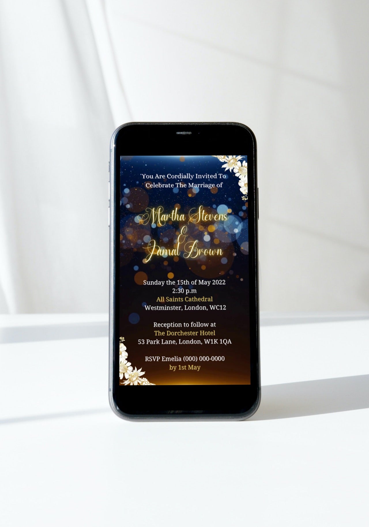 Customizable Digital Green Lilac Floral Wedding Video Invitation displayed on a smartphone screen, showcasing editable text and floral design elements.