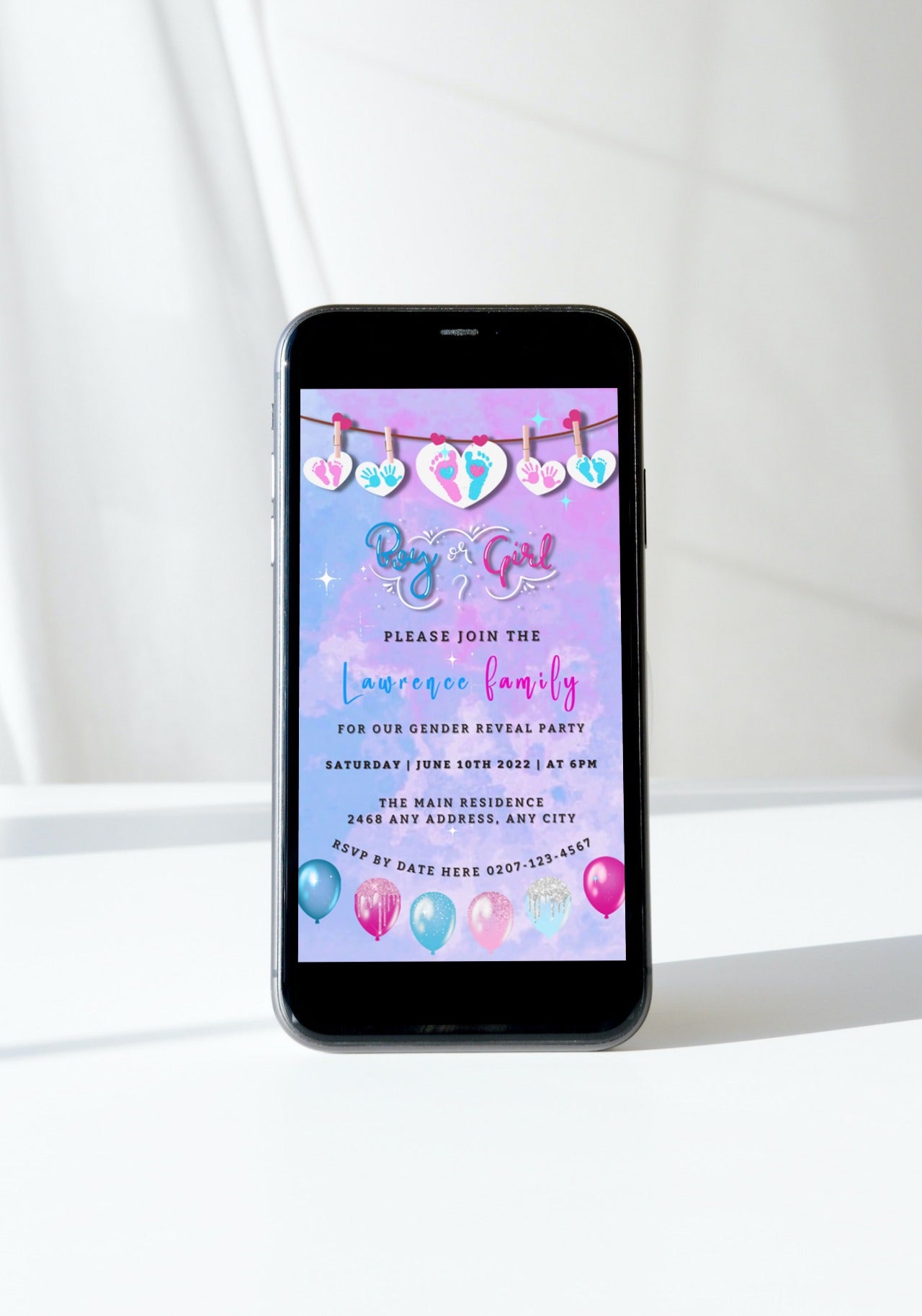 Smartphone displaying a customizable Gender Reveal Party Video Invitation template from URCordiallyInvited, featuring editable pink and blue elements for digital sharing.