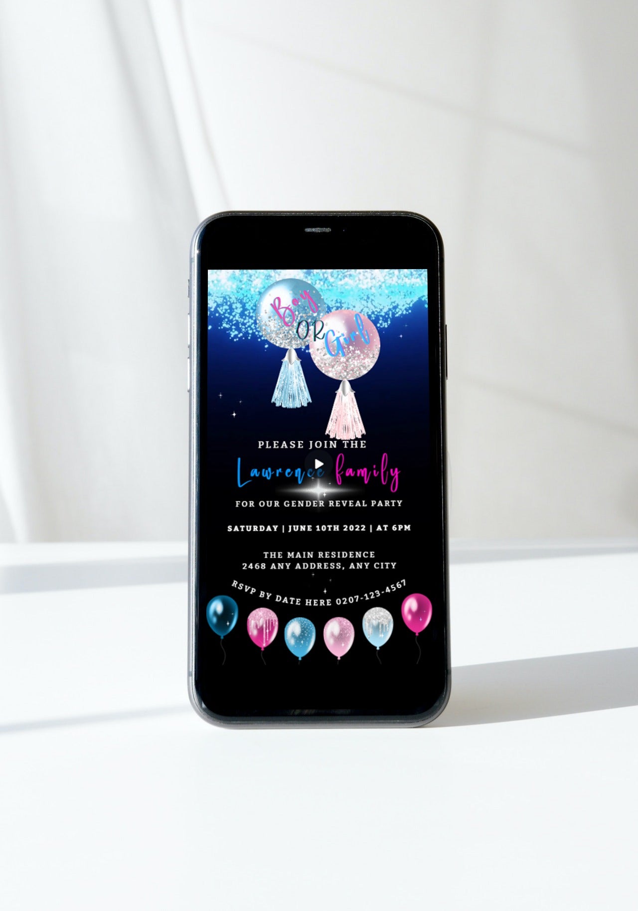 Confetti Rain Sparkle Balloons Digital Invitation for Gender Reveal, showing a customizable smartphone video template with colorful balloons on screen.