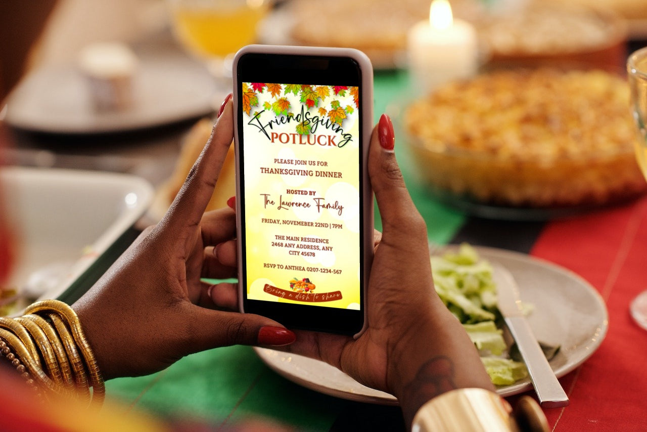 Person holding a phone displaying a Friendsgiving Potluck Autumn Leaves Thanksgiving Dinner Evite, ready for customization and sharing via Canva.