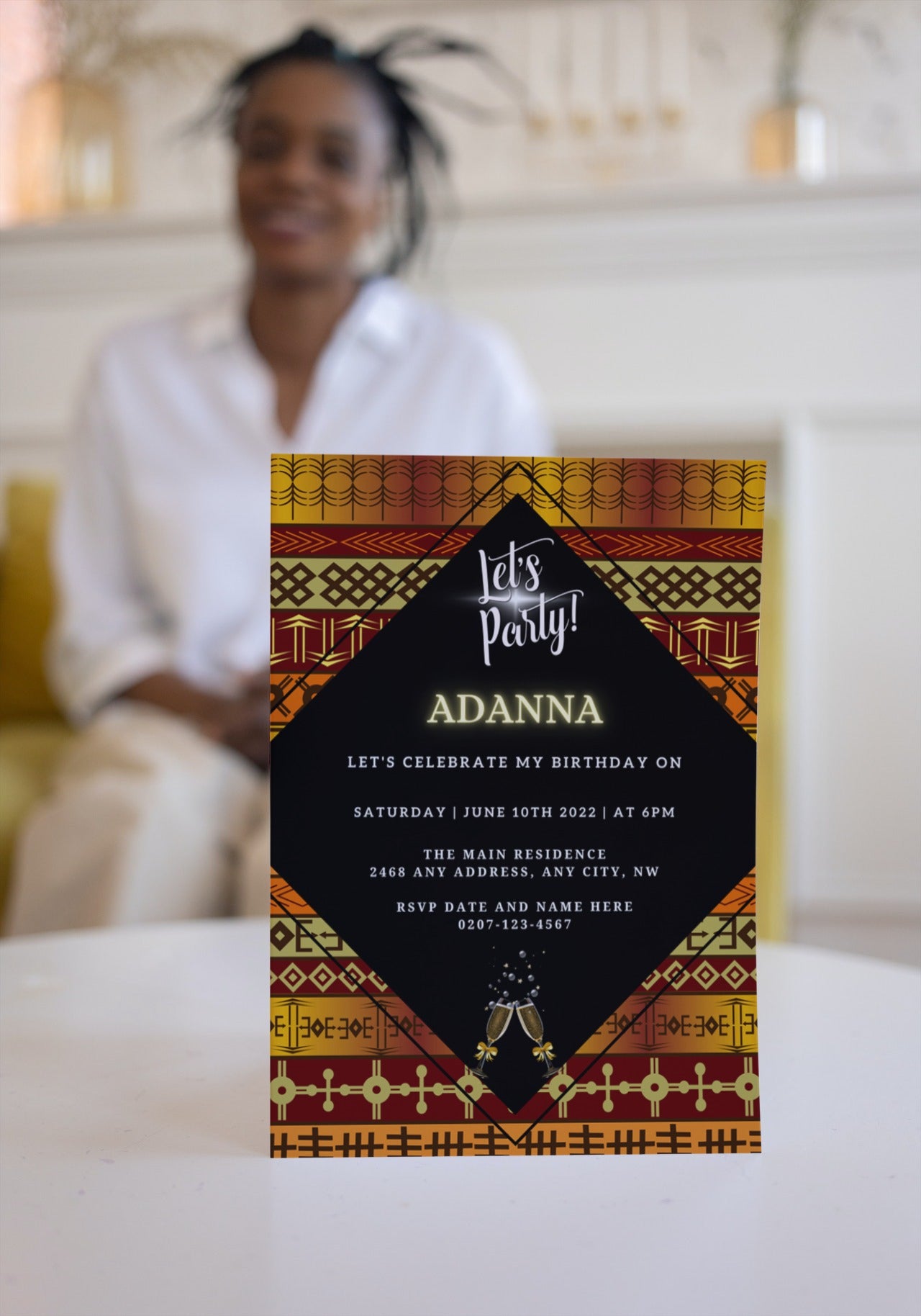 Editable Gold Yellow African Ankara Party Evite template displayed, suitable for DIY customization via Canva on smartphone, tablet, or PC. Downloadable, printable, and shareable for various events.