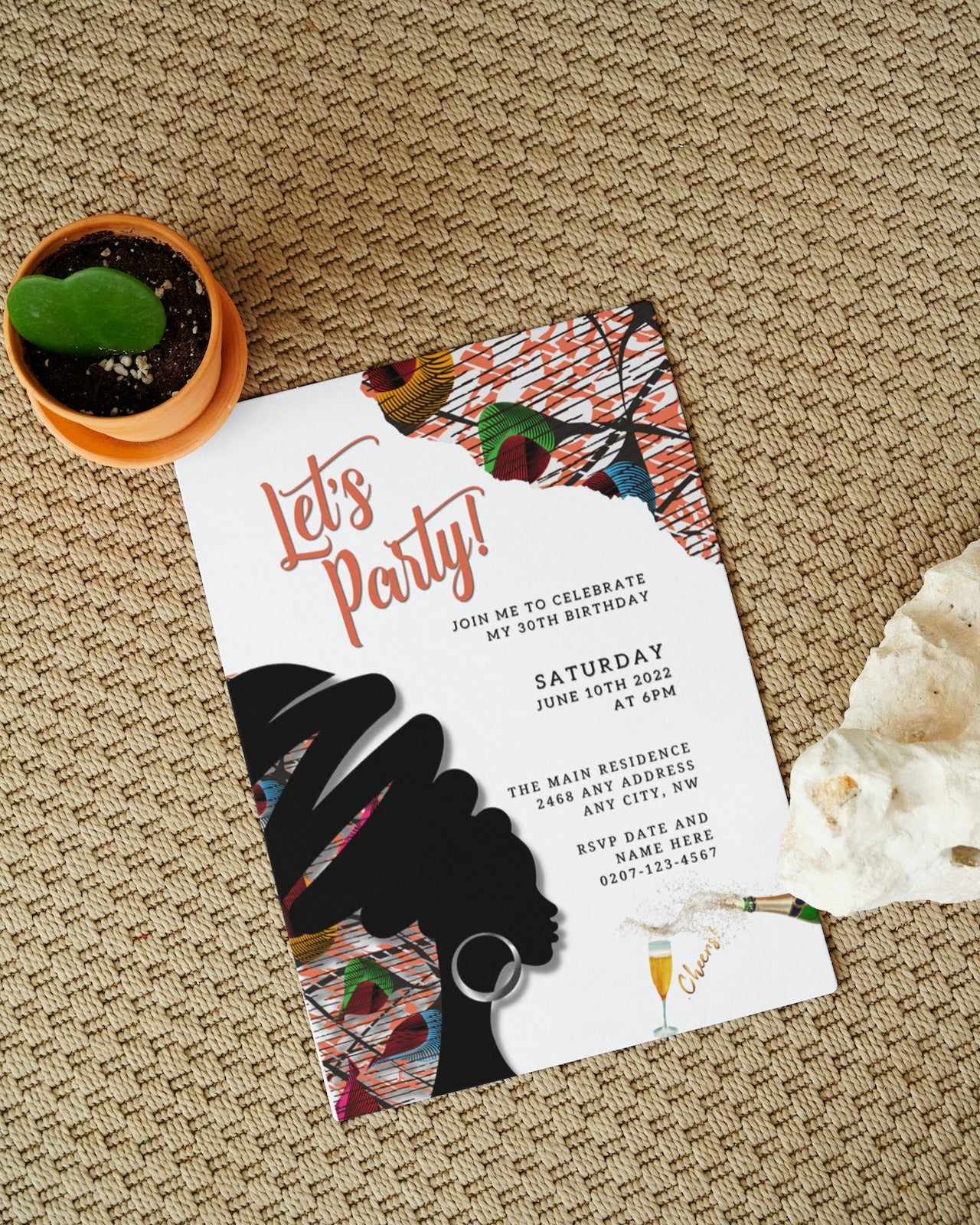White Beige Ankara African Woman Silhouette Editable Party Evite on tan surface with cactus and brush; customizable digital invitation for various occasions.