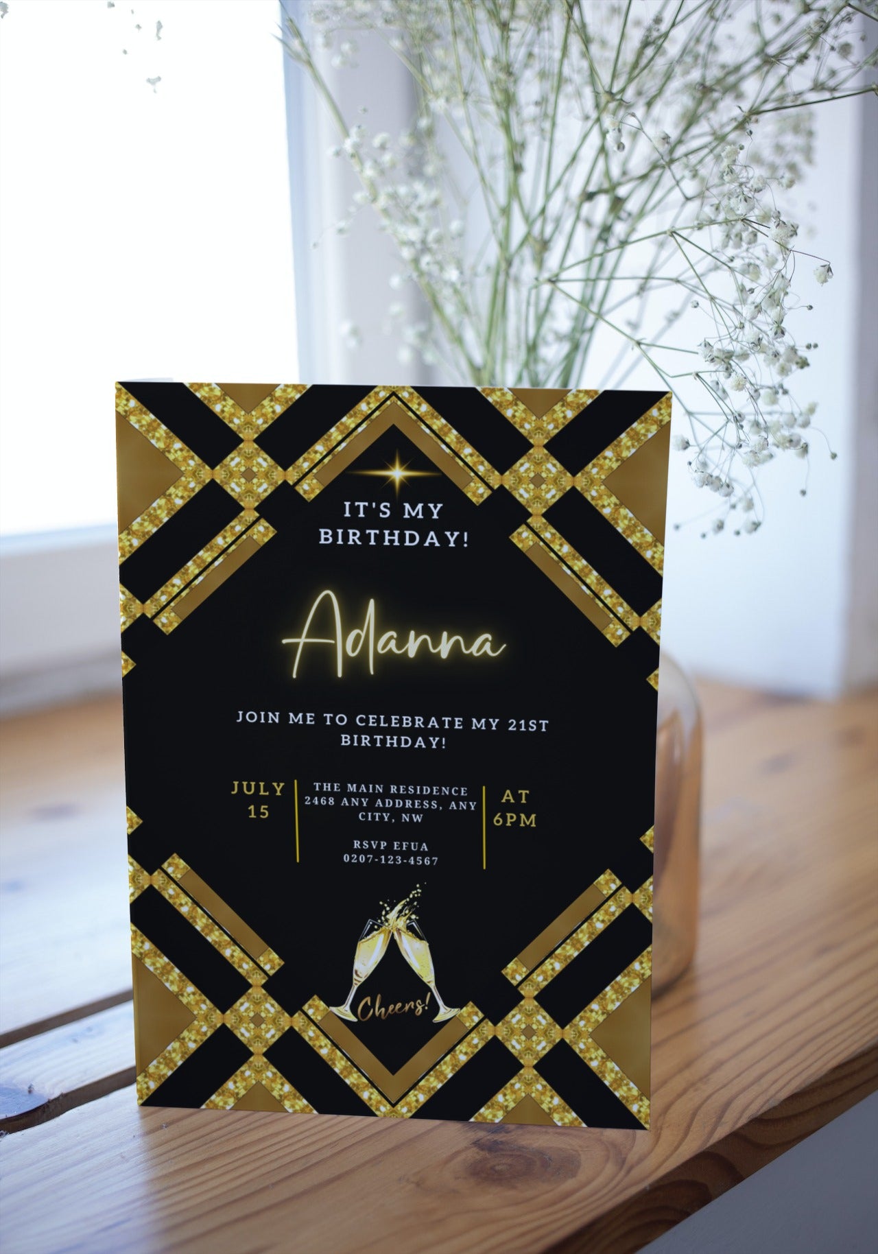 Black and gold customizable birthday evite with white flowers, editable via Canva for smartphones, tablets, and PCs. Download, personalize, and share electronically.
