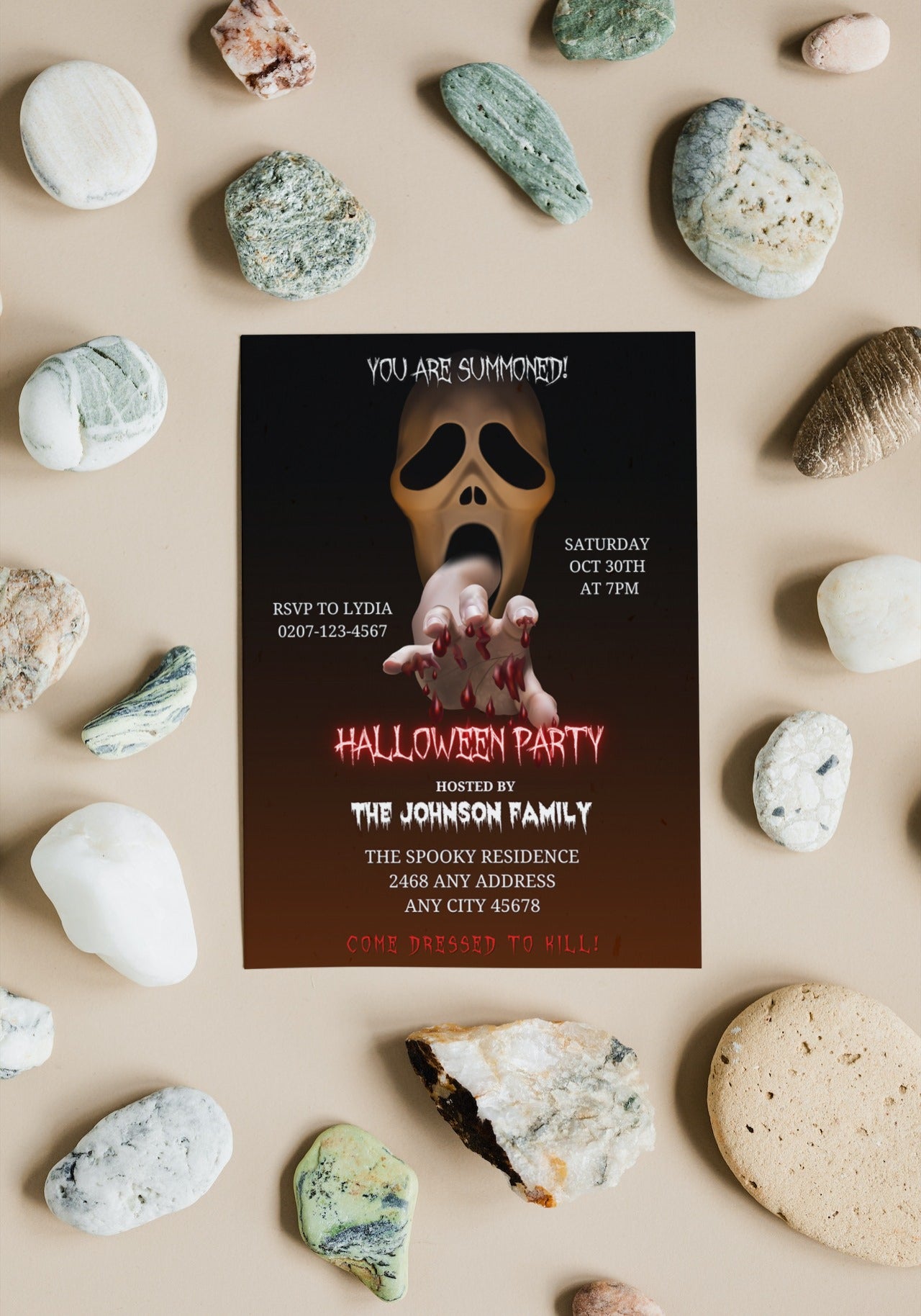 Scary Mouth Hand Skull Halloween Evite: Poster with a scary face, red text, and rocks, promoting a customisable Halloween party invitation template.
