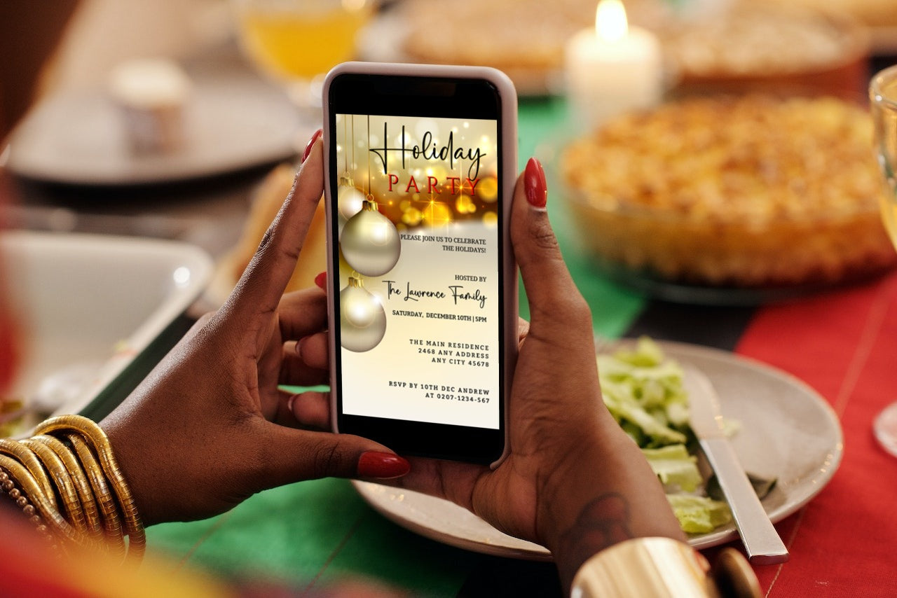 Person holding a phone displaying a Gold Beige Glitter Ornament | Christmas Party Invitation template for easy customization and electronic sharing.