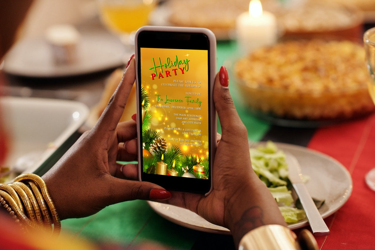 Person holding a phone displaying a Gold Candles Ornaments | Christmas Party Evite template for easy customization and sharing via digital platforms.