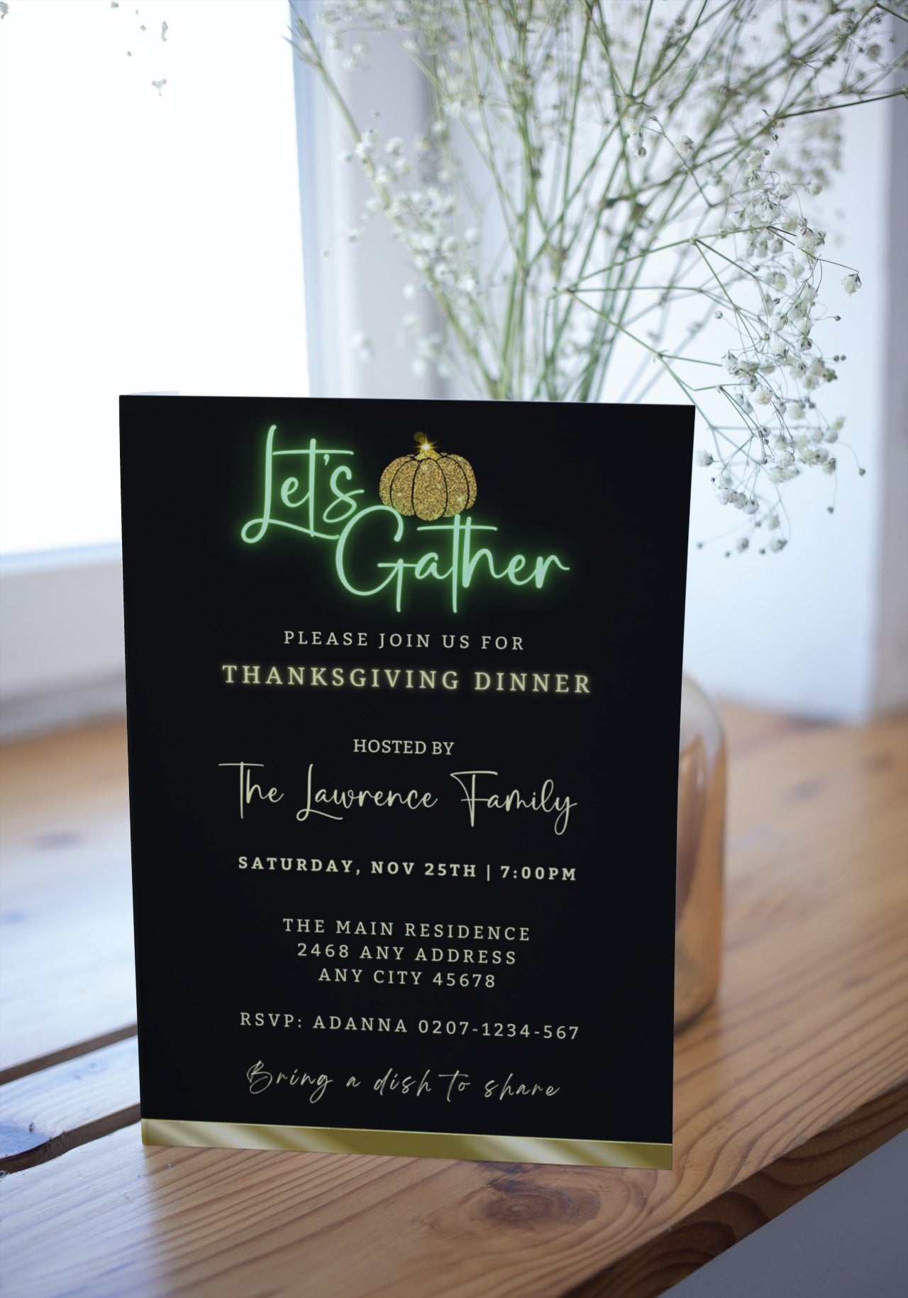 Green Neon Black Gold Pumpkin Thanksgiving Dinner Evite template on a wooden surface with white flowers, customizable via Canva for electronic sharing.