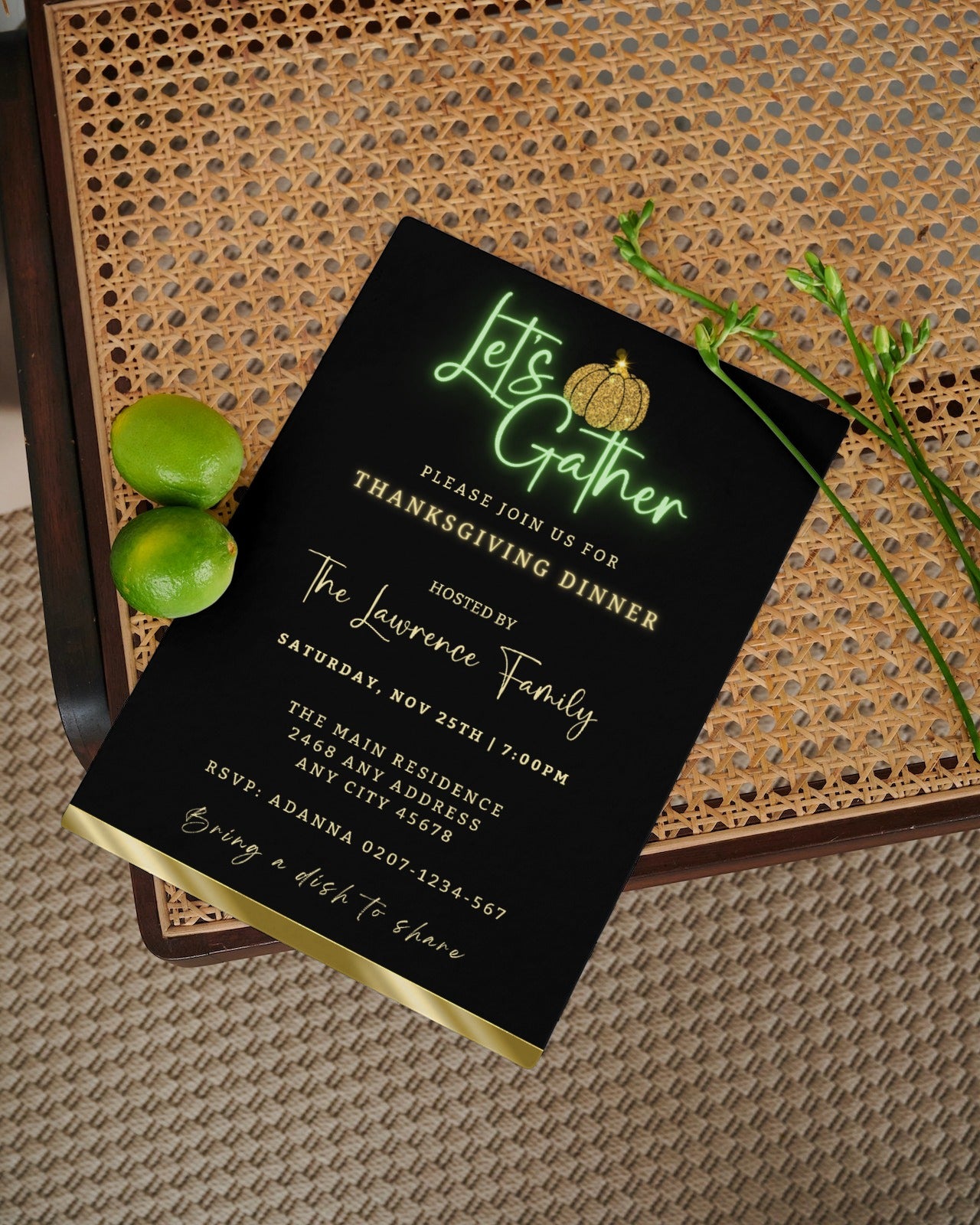 Green Neon Black Gold Pumpkin Thanksgiving Dinner Evite on a wicker chair with limes, ready for customization via Canva for digital sharing.