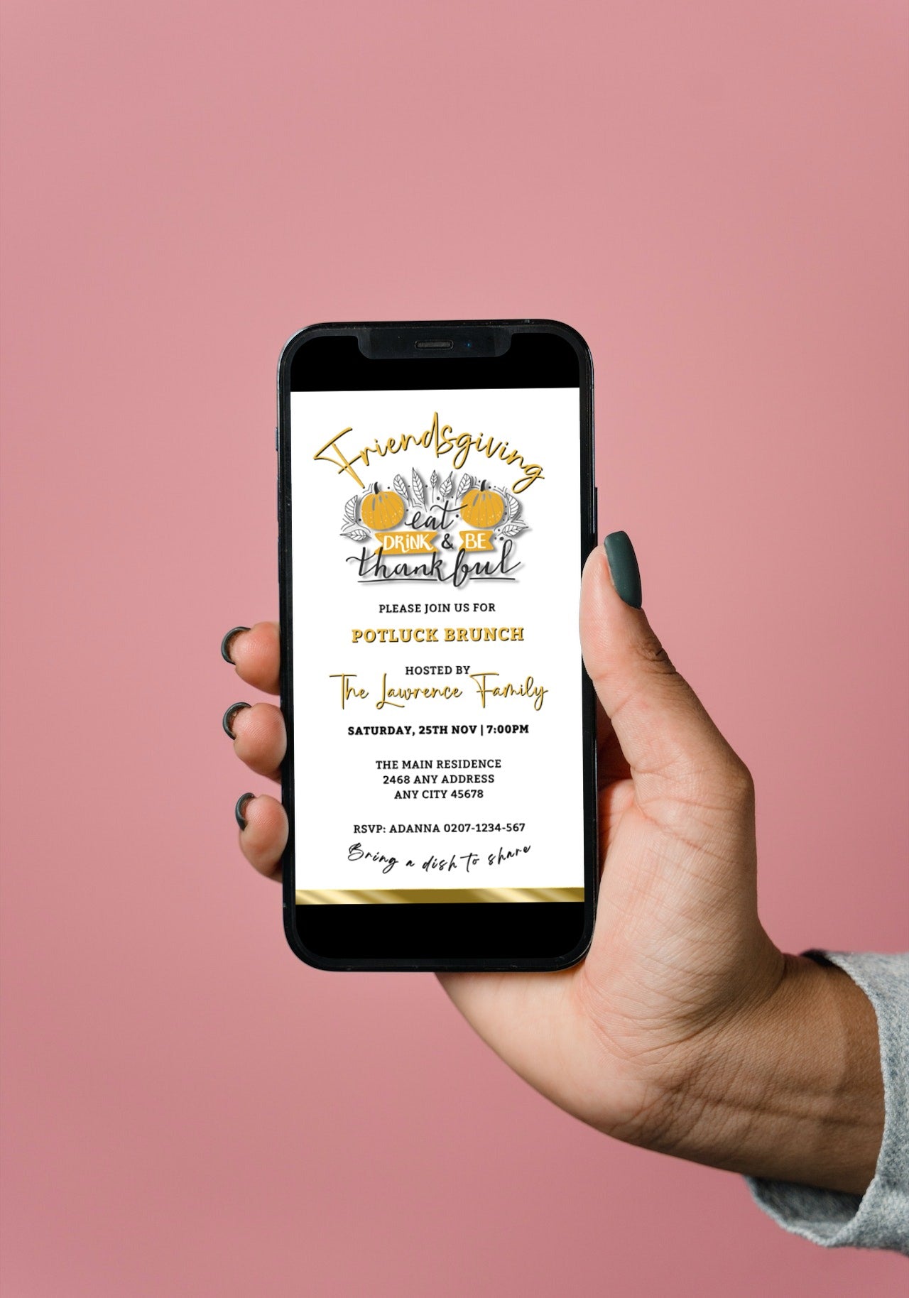 Person holding a smartphone displaying the Elegant FriendsGiving Potluck | Thanksgiving Brunch Invitation template from URCordiallyInvited.