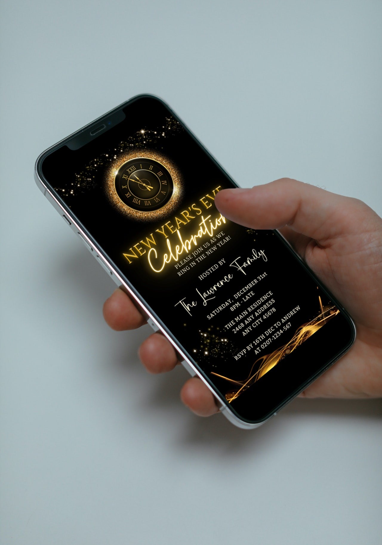 Hand holding a phone displaying the Gold Glitter Clock Celebration Neon | New Years Eve Party Evite, customizable with Canva for easy event details personalization.