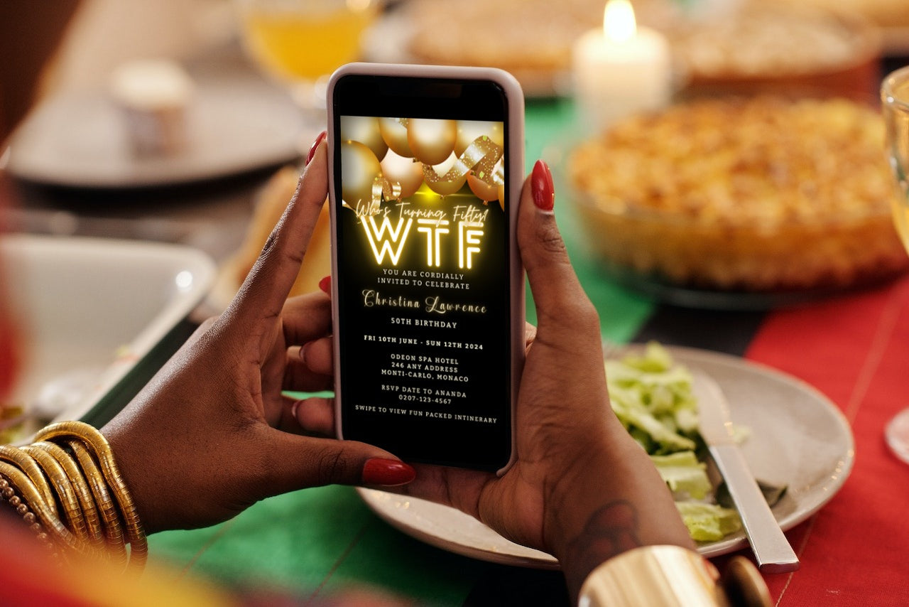 Person holding phone displaying Black Neon Gold Floating Balloons | WTFifty Weekend Evite, customizable with Canva for easy event invitation creation and sharing.