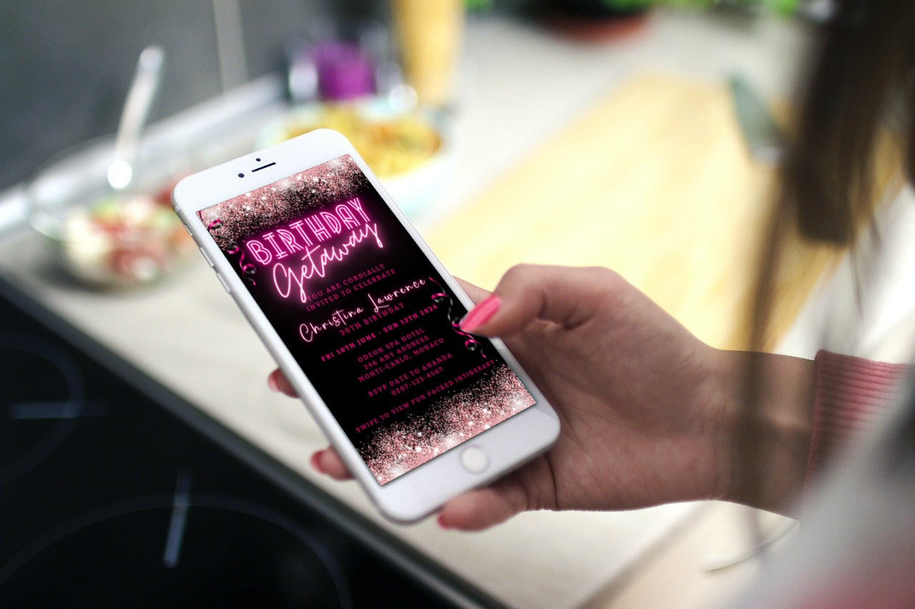 Hand holding a smartphone displaying a customizable Neon Pink Glitter Confetti Birthday Getaway Party Evite template from URCordiallyInvited.