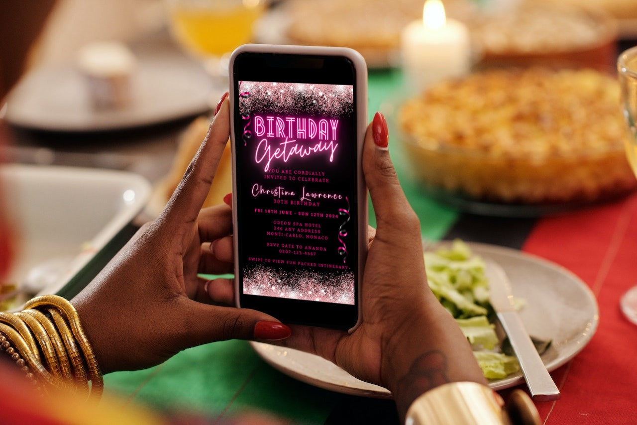 Person holding a smartphone displaying the customisable Neon Pink Glitter Confetti Birthday Getaway Party Evite from URCordiallyInvited.