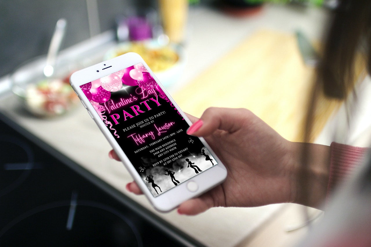 Hand holding a phone displaying the Smoking Dancers Pink Neon Balloons Valentine's Day Party Evite, ready for customization in Canva.