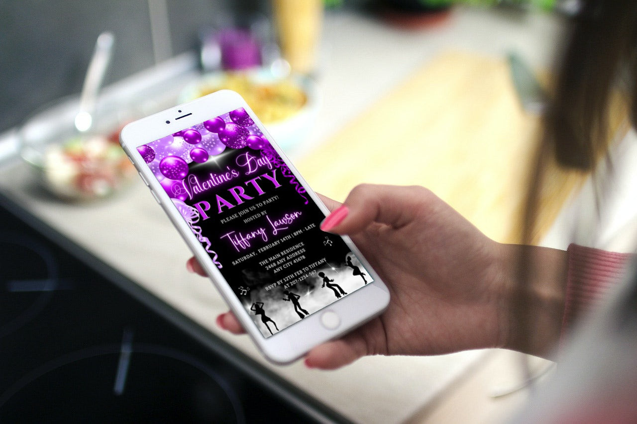 Hand holding a phone displaying the Smoking Dancers Neon Purple | Valentines Party Evite template for customization.