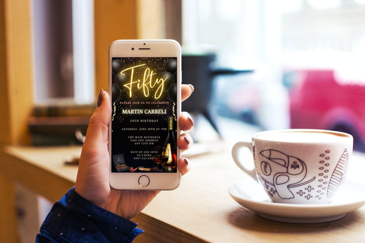Hand holding a smartphone displaying a customizable Black Gold Neon Men's 50th Birthday Evite from URCordiallyInvited, designed for easy personalization and digital sharing.