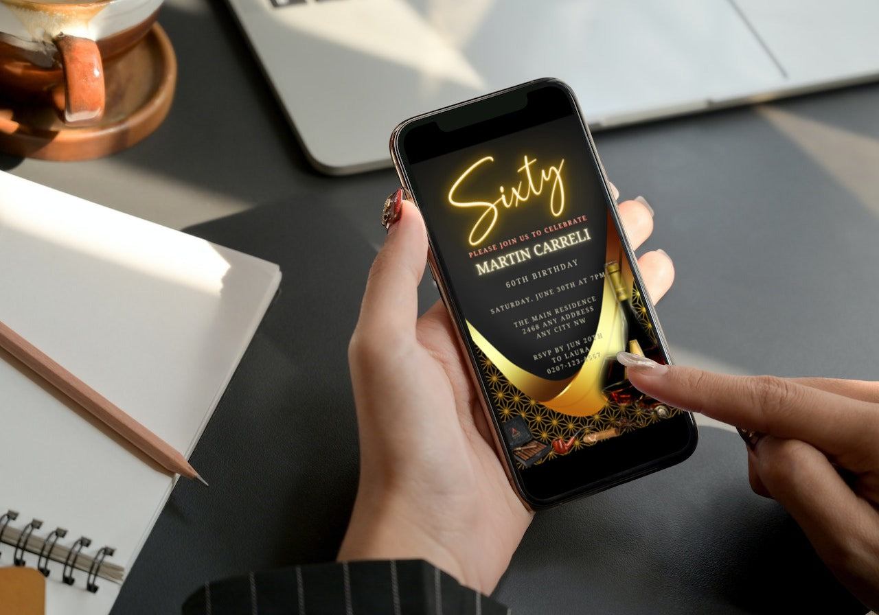 Person holding a phone displaying the customizable Black Gold Neon Cigar Men's 60th Birthday Evite from URCordiallyInvited.