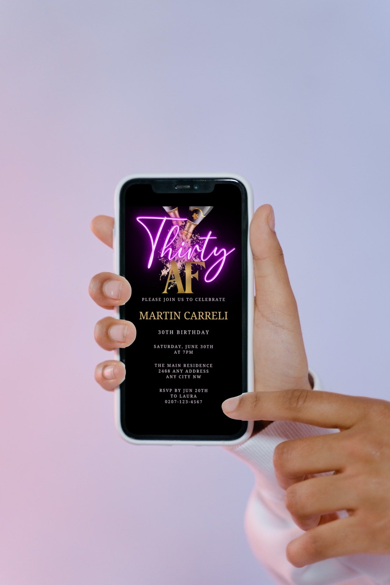 A hand holding a phone displaying a customisable Digital Black Gold Champagne Neon Purple 30AF Party Evite invitation template.