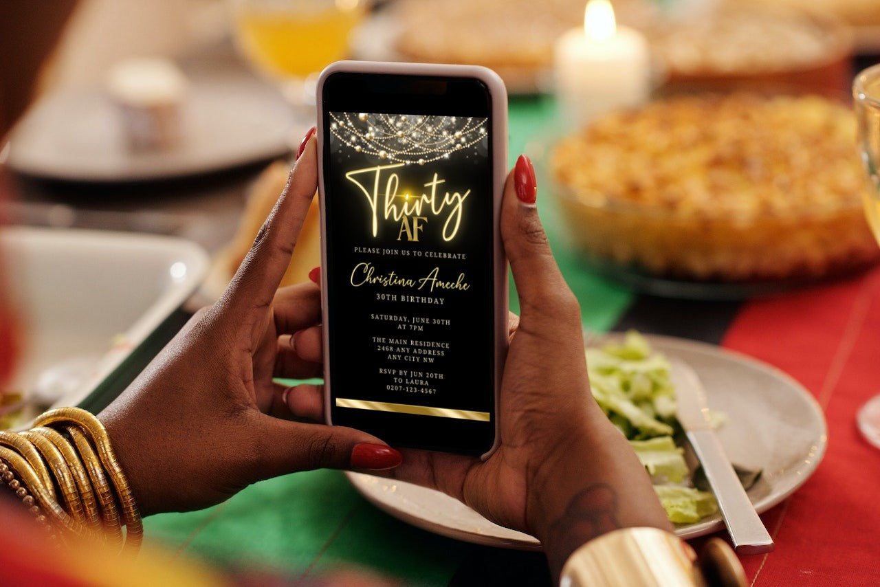 A person holding a phone displaying a customizable Black Gold Neon Art Deco Bling 30AF Birthday Evite template.
