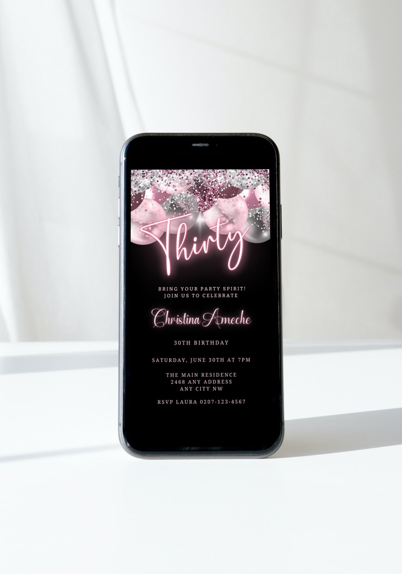 Mauve Pink Silver Neon 60AF Birthday Evite displayed on a smartphone screen, customizable via Canva for digital invitations.