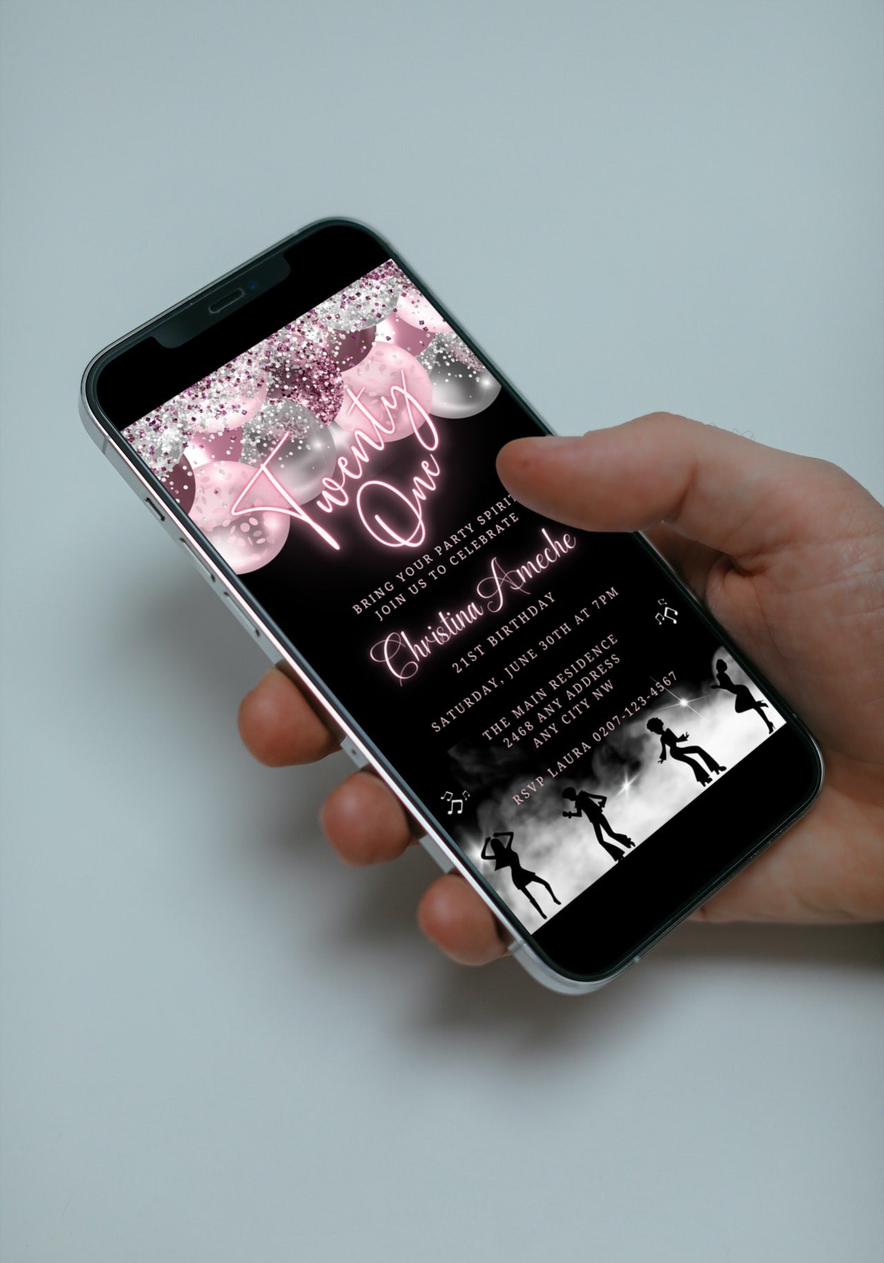 Hand holding a smartphone displaying the Mauve Pink Silver Neon | 21AF Birthday Video Evite, showcasing its customizable digital invitation template.