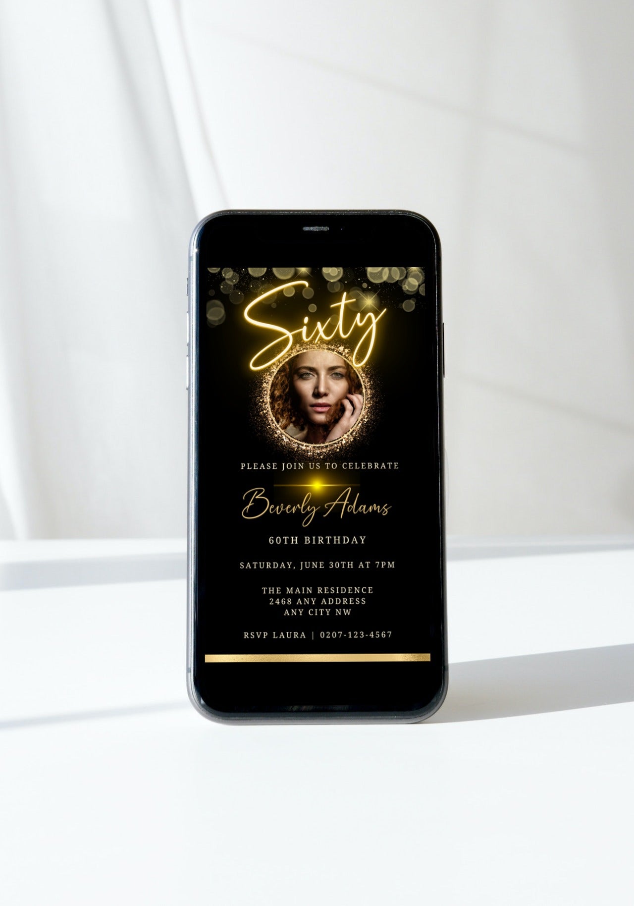 Customisable Digital Gold Neon W/Oval Photo Frame for 60th Birthday Evite displayed on a smartphone screen with a woman's face and glowing text.