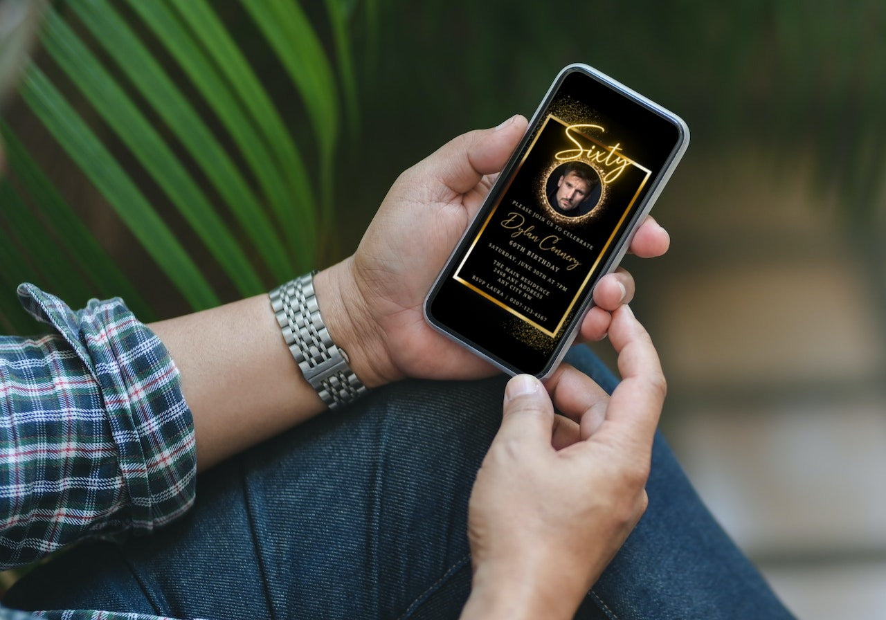 Person holding a smartphone displaying a customizable Neon Gold Oval Photo Frame for a 60th Birthday Evite, available for editing via Canva.