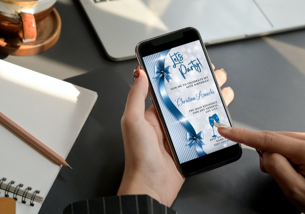 Person holding a smartphone displaying the Blue Silver Bow Sparkle | Editable Birthday Evite, customizable via Canva for easy electronic sharing.