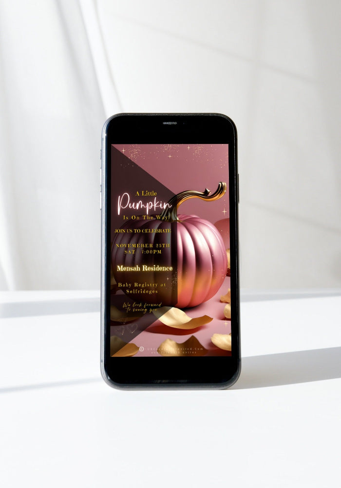 Pink Pumpkin Gold Leaves Sparkle | Baby Shower Video Invitation