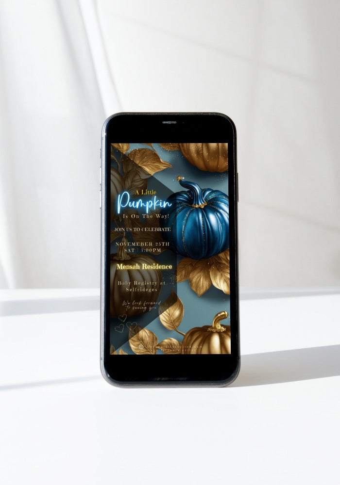 Blue Pumpkin Gold Sparkle | Baby Shower Video Invitation