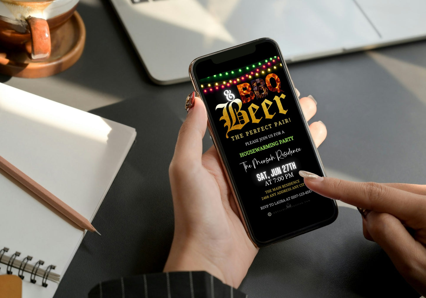 Person holding a phone with customizable BBQ Flame & Beer digital video party invite displayed.