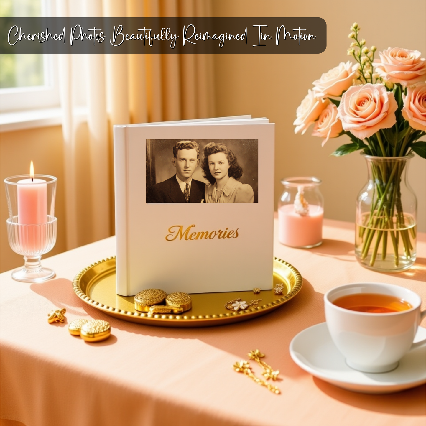 White hardcover 'Memories' photo-book on gold tray, surrounded by vintage-inspired decor, symbolizing the Photo To Video Keepsakes Gift, transforming photos into personalized video mementos.
